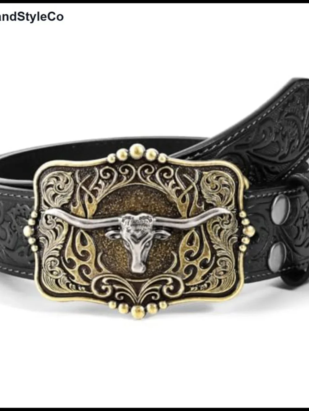 Cowboy Western Embossed Leather Belt with Longhorn Buckle